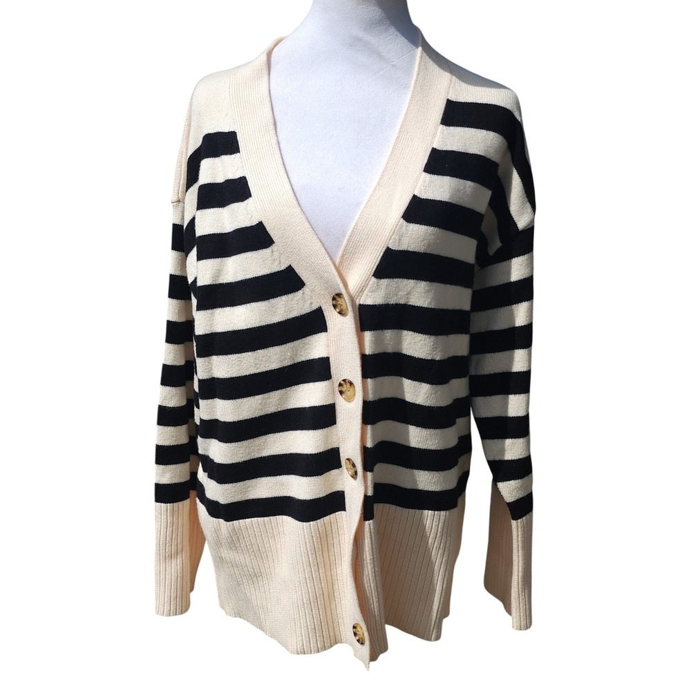 Magaschoni Womens Black & Cream Striped V-Neck Button Front Cardigan Size L/G